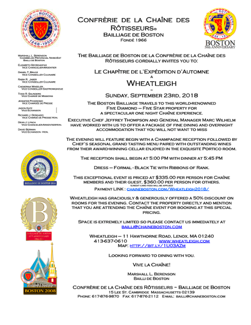 Chaine Boston Wheatleigh Invitation September 23rd, 2018